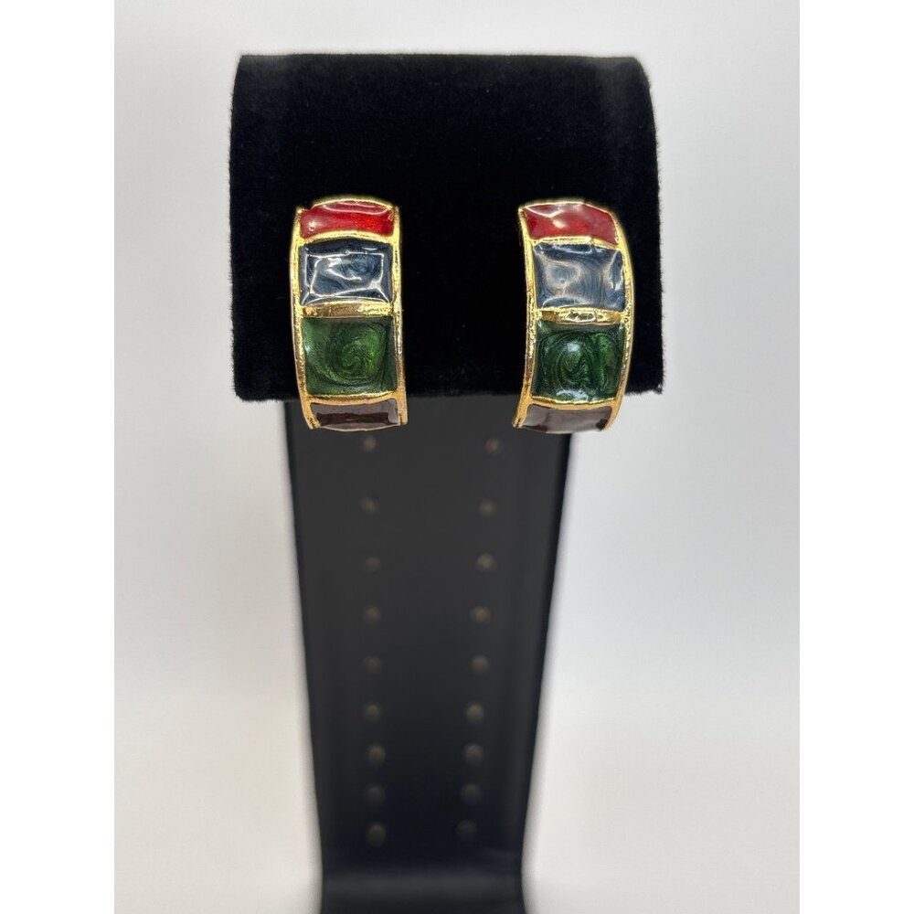 Vintage Gold Tone Enamel Multicolor Geometric Clip On Half Hoop Earrings
